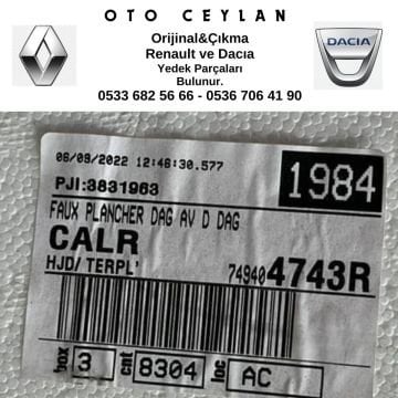 749406893R Duster 2022 Sol Ön Alt Taban Köpüğü Çıkma Orjinal